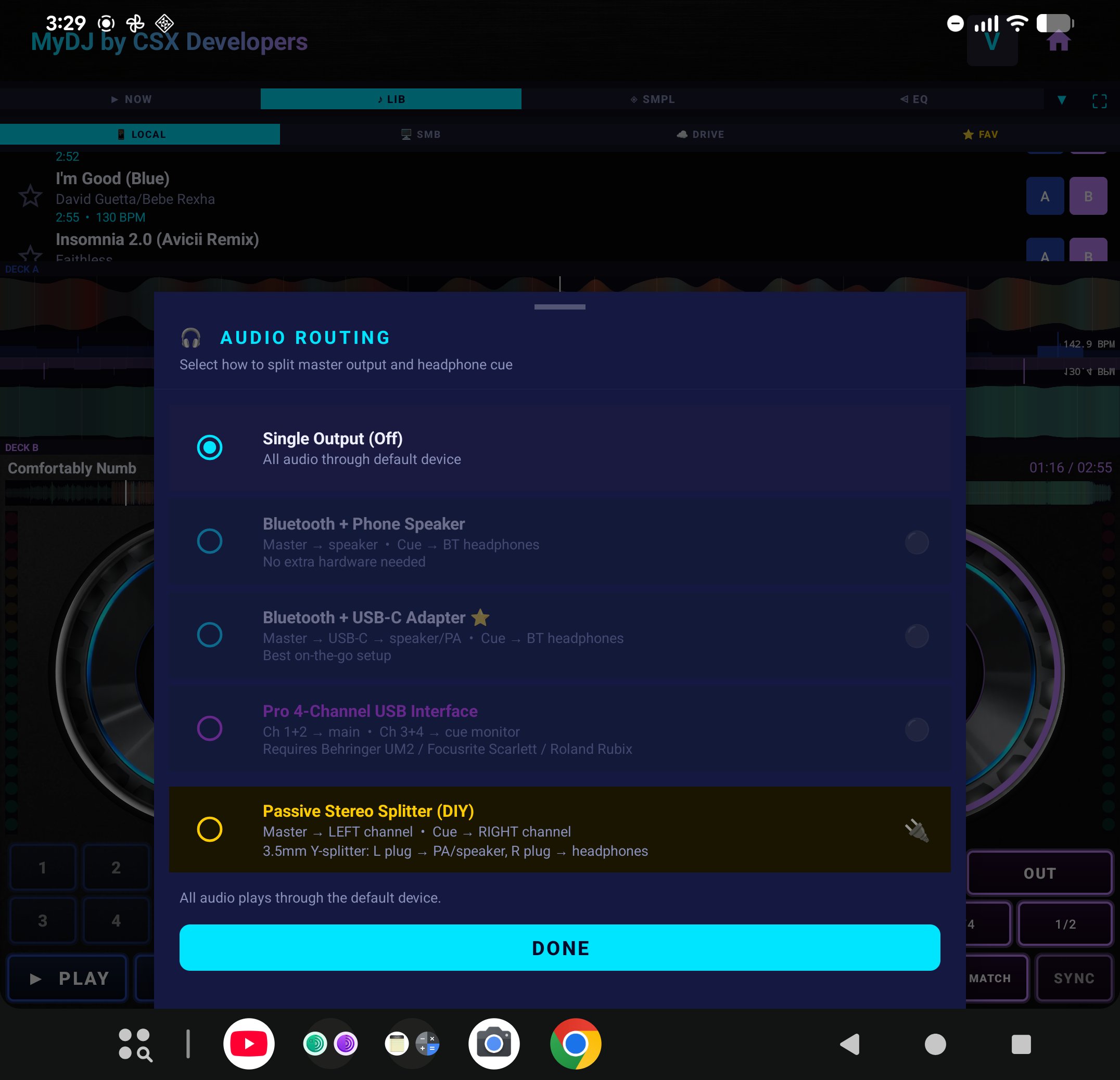 MyDJ audio routing options — Bluetooth, USB-C, Pro Interface, Splitter