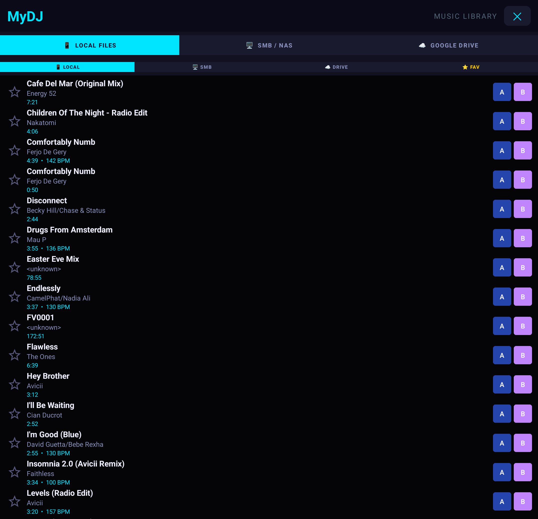 MyDJ music library — Local Files, SMB/NAS, Google Drive