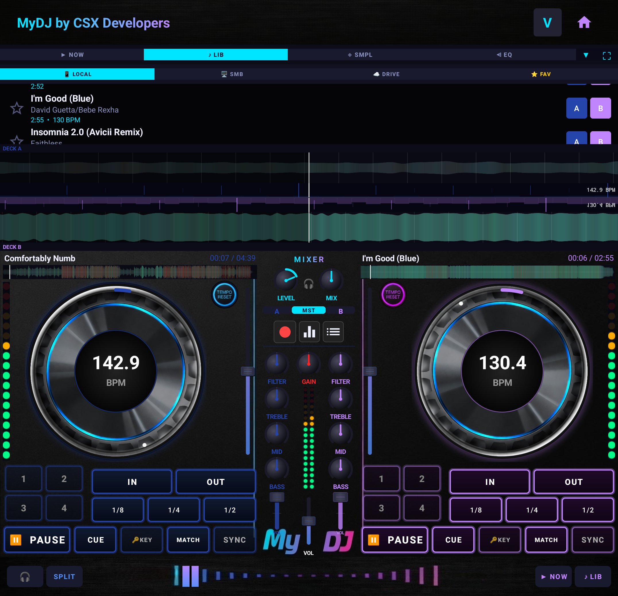 MyDJ dual-deck view — two tracks at 142.9 BPM and 130.4 BPM