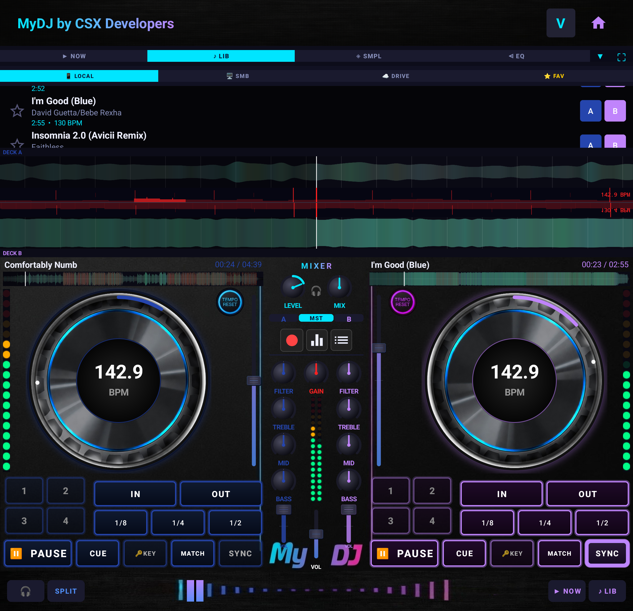 MyDJ with BPM sync active — both decks matched at 142.9 BPM