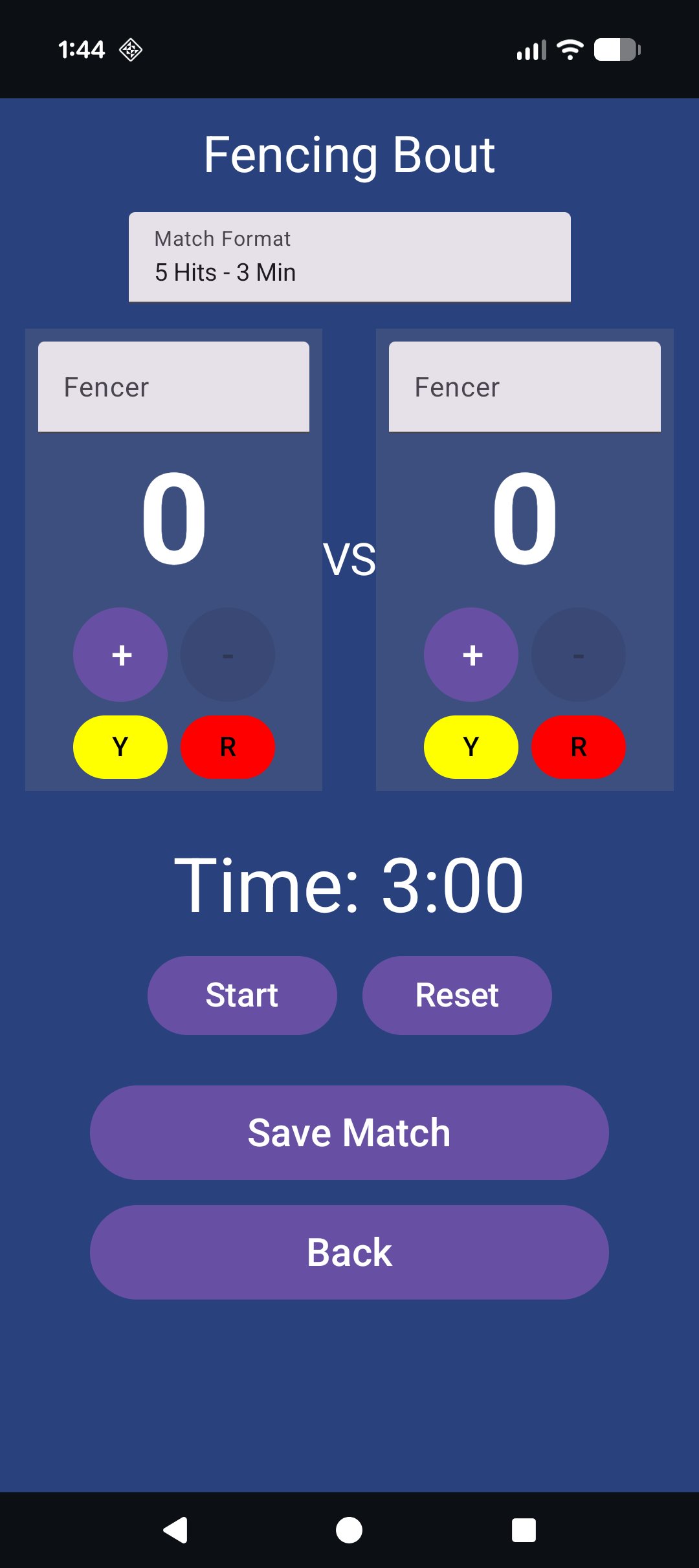 MyFencer bout screen — live scoring with timer