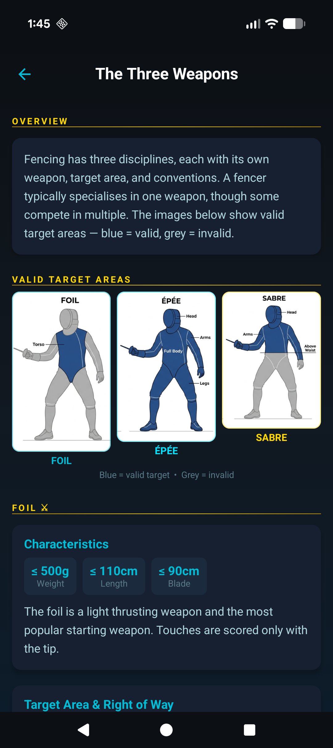 MyFencer three weapons guide — Foil, Épée, Sabre