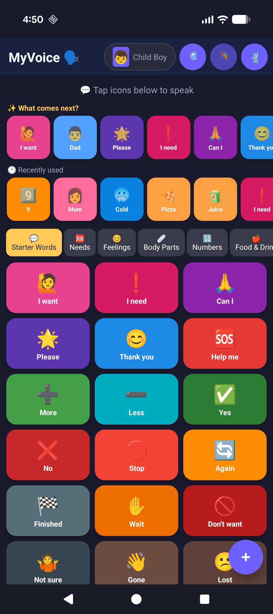 MyVoice dark theme — starter words grid